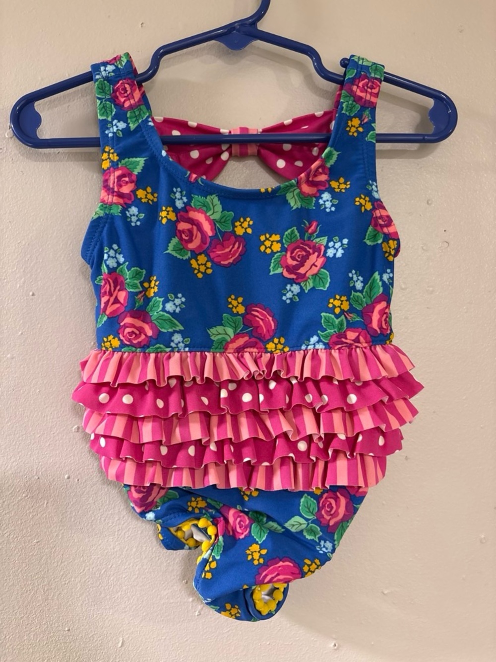 Matilda Jane Blue Floral One-Piece Swimsuit with Pink Ruffles